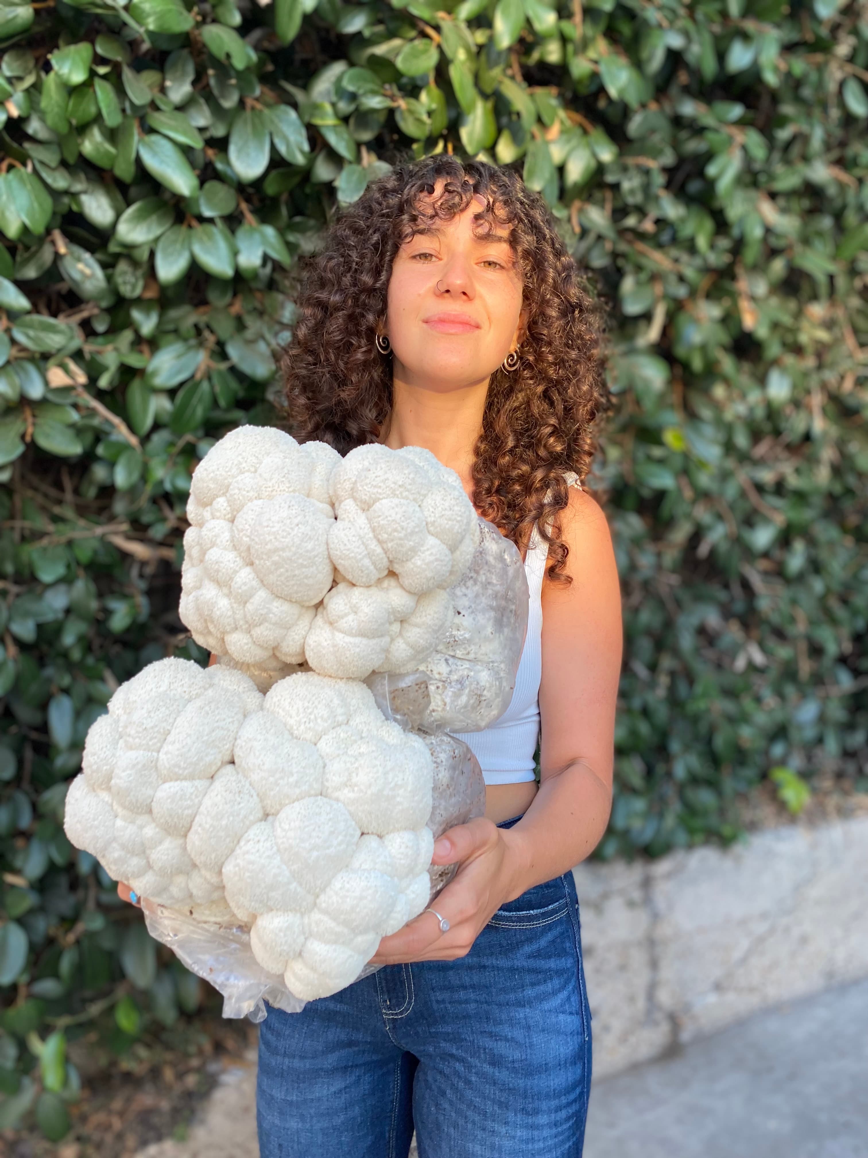 Model with lion's mane mushroom block
